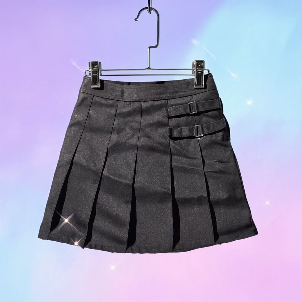 Women's Black Pleated Mini Skirt with Buckle Hardware